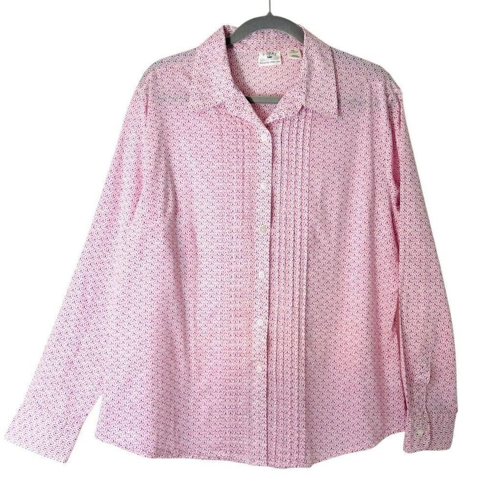 Riders by Lee XL pink print cotton pintuck slimming blouse shirt long sleeve